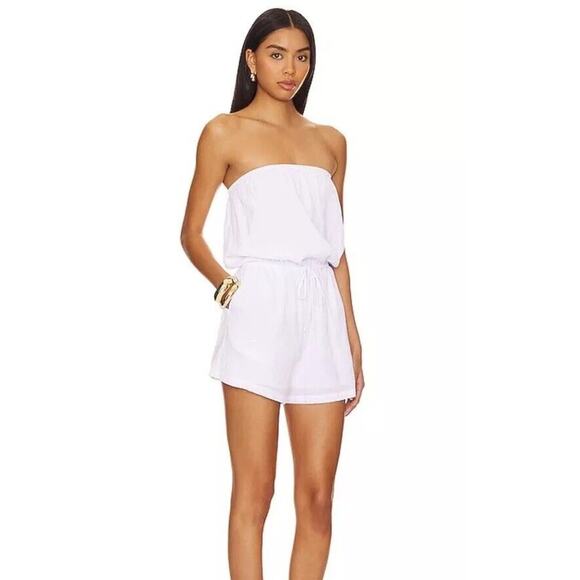 Seafolly Pants - Seafolly Crinkle Playsuit in White Women’s Large Gauze Strapless Elastic Waist